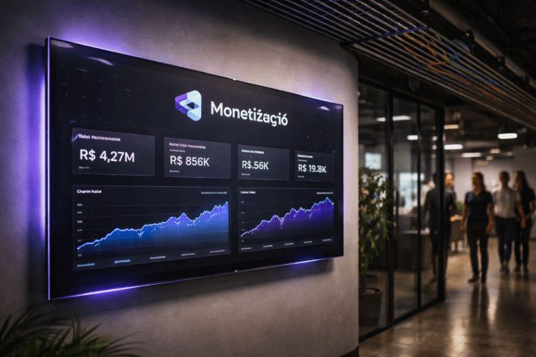 A photorealistic medium-wide cinematic shot, camera positioned approximately 1–2 meters from the subject, capturing a large, ultra-thin wall-mounted OLED analytics dashboard as the hero object, prominently displaying the official “Monetização” logo rendered as a crisp 3D isometric mark on the screen, surrounded by clean revenue, churn and LTV graphs and KPIs, clearly readable within a realistic environment. The object integrates subtle electric-purple #7B63FF accents along the screen’s edge, interface highlights and a faint data-glow, indicating intelligence and real-time activity without overpowering realism. Set in a contemporary Brazilian tech office corridor with a subtle tech-noir mood, featuring an exposed industrial ceiling and an overhead cable tray filled with neatly organized, color-coded cables running in parallel lines above, glass partitions, distant city lights and reflections adding depth. Natural human presence appears in the background and periphery as a diverse group of marketing and data professionals walking and conferring beneath the cable trays, softly out of focus so the main dashboard remains the focal point. Lighting is low-key and practical, coming from the glowing dashboard, discreet ceiling fixtures and distant office lamps, complemented by a soft integrated white spotlight from the side, gently revealing form, texture and depth on the screen, cabling and surrounding architecture. Cinematic realism, natural shallow-to-medium depth of field, 35mm lens look, neutral corporate palette with restrained electric-purple neon accents, premium materials, ultra-detailed, 8K, no captions, no text overlays beyond the logo, no watermarks.