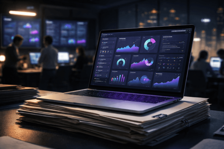 A photorealistic medium-wide cinematic shot, camera positioned approximately 1–2 meters from the subject, capturing a sleek open laptop resting securely on a neatly stacked pile of documents and manila folders on a modern desk, its screen clearly readable and filled with a real-time application monitoring dashboard showing multiple charts, gauges, and status indicators in a clean, data-dense 3D isometric-style interface with abstract shapes and colored blocks but no legible text. The object integrates subtle electric-purple (#7B63FF) accents in the interface highlights, notification glows, and a faint reflected glow on the laptop chassis, indicating intelligence and constant activity without overpowering realism. Set in a dimly lit, tech-noir inspired digital operations room / marketing war room at night, with additional large wall-mounted dashboards glowing softly in the midground and floor-to-ceiling glass windows revealing a slightly blurred futuristic city skyline dotted with restrained neon lights; a small, diverse group of marketing and engineering professionals in business-casual attire are present in the background and periphery, candidly collaborating around other workstations, kept softly out of focus so the laptop and the stack of folders remain the clear hero. Lighting is low-key and practical, coming from the laptop screen, nearby monitors, a desk lamp, and faint city light, complemented by a soft integrated white spotlight from above and slightly to the side, gently revealing the textures of the paper stack, the smooth metal of the laptop, and the subtle reflections on the desk surface. Shot with a 35mm cinematic lens look, natural shallow-to-medium depth of field, cinematic realism, neutral corporate color palette with restrained electric-purple accents, premium materials, ultra-detailed, 8K, no captions, no text overlays, no watermarks.