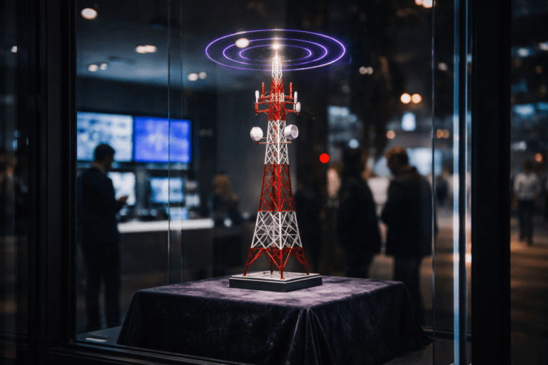A photorealistic medium-wide cinematic shot, camera positioned approximately 1–2 meters from the subject, capturing a sleek, real-world red-and-white communications tower sculpture standing on a dark velvet pedestal inside a glass storefront display window, with fine antenna details and subtle translucent circular light rings close around the top suggesting outgoing signal waves and a live radar of competitive social media activity, clearly readable within a realistic environment. The object integrates subtle electric-purple (#7B63FF) accents in the glowing signal rings and light reflections, indicating intelligence and data flow without overpowering realism. Set in a nighttime tech-noir city street viewed through the illuminated shop window of a modern marketing or electronics store, with soft reflections of passing pedestrians and a few professionals in business-casual attire glancing at their phones, plus faint, blurred reflections of dashboard-like screens deeper inside the store hinting at analytics and monitoring, with natural human presence in the background and periphery. Lighting is low-key and practical, coming from the display case, streetlights, and interior screens, complemented by a soft integrated white spotlight from above that gently reveals the tower’s form, metallic texture, and the rich pile of the velvet pedestal, with subtle neon accents in purple and cool blues along the glass edges. Cinematic realism, natural shallow-to-medium depth of field, 35mm lens look, premium materials, ultra-detailed, 8K, clean composition, no text, no captions, no watermarks.