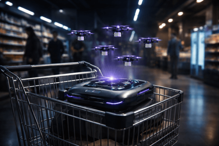 A photorealistic medium-wide cinematic shot, camera positioned approximately 1–2 meters from the subject, capturing a chrome wire shopping cart in the foreground with a sleek, futuristic delivery-drone docking hub resting in its basket, a coordinated swarm of small delivery drones lifting off from the hub, with crisp, clearly readable shapes and subtle abstract interface lights suggesting data and social media monitoring, shot with a natural 35mm lens look. The object integrates subtle electric-purple accents indicating intelligence or activity without overpowering realism, primarily as small LED strips on the drones and hub, and faint reflections along the chrome structure of the cart. Set in a dimly lit, futuristic supermarket aisle at night, polished concrete floor reflecting cool overhead strip lights and restrained electric-purple neon glows, distant digital dashboards and product shelves fading into soft blur, with a few diverse professionals and shoppers in smart-casual clothing moving naturally in the background or periphery, some glancing at tablets or phones. Lighting is low-key and practical, complemented by a soft integrated white spotlight from above or the side, gently revealing form, texture, and depth. Cinematic realism, natural depth of field, premium materials, ultra-detailed, 8K, no text, no captions, no watermarks.