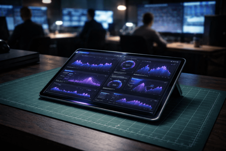 A photorealistic medium-wide cinematic shot, camera positioned approximately 1–2 meters from the subject with a 35mm lens, capturing a sleek glass-and-metal real-time monitoring control panel tablet lying neatly on a green cutting mat with a white measurement grid atop a dark engineered-wood operations desk, its screen clearly readable and filled with a refined multi-indicator dashboard of luminous graphs, metrics, and tracing visualizations arranged in a clean isometric-inspired layout, with subtle electric-purple (#7B63FF) accents pulsing through key widgets and edge lighting to suggest intelligent activity without overpowering realism. The object integrates subtle electric-purple accents indicating intelligence or activity without overpowering realism. Set in a dimly lit tech-operations war room in a modern corporate office at night, with a soft-focus background of a diverse team of professionals at their workstations, large wall-mounted monitors casting cool ambient light, and practical light sources from screens and a few overhead fixtures adding a restrained tech-noir atmosphere. Lighting is low-key and practical, complemented by a soft integrated white spotlight from above and slightly to the side, gently revealing form, texture, and depth on the tablet, cutting mat, and desk surface while letting the background fall into a tasteful blur. Cinematic realism, natural shallow-to-medium depth of field, premium materials, ultra-detailed, 8K, neutral corporate color palette with restrained electric-purple neon accents, no text, no captions, no watermarks.