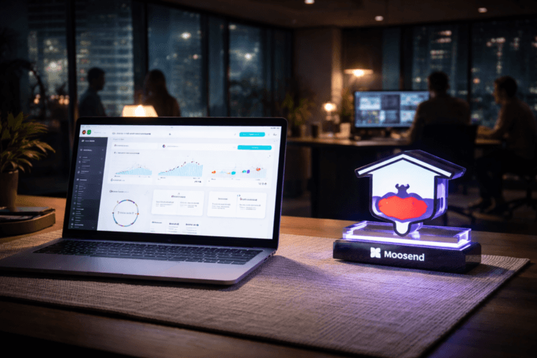 A photorealistic medium-wide cinematic shot, camera positioned approximately 1–2 meters from the subject, capturing a sleek open laptop resting on a contemporary desk covered with a woven raw linen fabric runner, its screen displaying the Moosend real-time marketing campaign dashboard with the official Moosend logo clearly visible, beside a polished 3D isometric acrylic desk sculpture of the Moosend logo as the hero object, clearly readable within a realistic environment. The object integrates subtle electric-purple accents indicating intelligence or activity without overpowering realism. Set in a dimly lit, tech-forward marketing operations office at night, with floor-to-ceiling windows revealing a slightly futuristic city skyline, glass partitions softly reflecting interface light, and a few diverse marketing professionals in the background collaborating around secondary workstations, softly out of focus, the tactile linen texture contrasting with the sleek digital equipment in a refined Tech-Noir atmosphere, with natural human presence in the background or periphery. Lighting is low-key and practical, coming from the laptop screen, additional monitors, and a warm desk lamp, complemented by a soft integrated white spotlight from above or the side, gently revealing form, texture, and depth on the laptop, logo sculpture, and linen fabric. Cinematic realism, natural depth of field, premium materials, ultra-detailed, 8K, 35mm lens look, no text overlays, no captions, no watermarks.