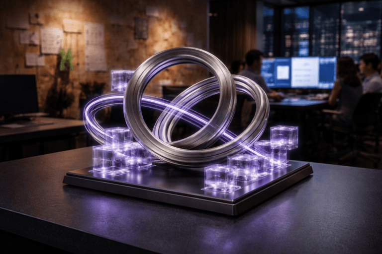 A photorealistic medium-wide cinematic shot, camera positioned approximately 1–2 meters from the subject, capturing a premium physical tabletop sculpture representing personalization engines: interlocking brushed-metal rings and transparent acrylic data blocks arranged in a precise, almost isometric geometric form, resting on a dark matte desk in front of a large textured natural cork wall panel, with subtle electric-purple #7B63FF light lines threading through the structure to suggest data flow and intelligence, clearly readable within a realistic environment. The object integrates subtle electric-purple accents indicating intelligence or activity without overpowering realism. Set in a modern Tech-Noir marketing analytics war room inside a Brazilian ecommerce office at night, with the cork wall used as an idea board, sleek dark workstations, multiple large monitors casting cool bluish light with softly blurred analytics visuals, and distant city lights glowing through a side window, with natural human presence in the background or periphery as a small, diverse group of marketing professionals in smart-casual attire collaborate around the screens, slightly out of focus. Lighting is low-key and practical, complemented by a soft integrated white spotlight from above or the side, gently revealing form, texture, and depth. Cinematic realism, natural depth of field, premium materials, ultra-detailed, 8K, no captions, no text overlays, no watermarks.