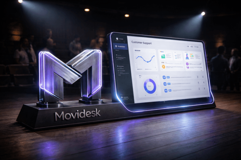 A photorealistic medium-wide cinematic shot, camera positioned approximately 1–2 meters from the subject, capturing a real physical 3D Movidesk logo sculpted in an isometric glass-and-brushed-metal form, mounted on a solid dark base beside a sleek, slightly curved transparent display showing a simplified customer support control panel interface with charts, ticket cards and channel icons, the official Movidesk logo clearly visible on the display and subtly embossed on the base, both sharply readable within a realistic environment. The object integrates subtle electric-purple #7B63FF accents along the logo edges, interface highlights and cable glows, indicating intelligence and live data activity without overpowering realism. Set on a dark-wood theater stage in a modern auditorium, under a single focused stage spotlight, with rows of seats fading into darkness and a few diverse professionals in business-casual attire visible as soft silhouettes in the background, watching or discussing quietly at the edges of the stage, reinforcing a live product reveal in a Tech-Noir corporate setting. Lighting is low-key and practical, coming from the stage spotlight and the glow of the display, complemented by a soft integrated white spotlight from above, gently revealing form, texture and depth on the logo sculpture, screen, and wood floor, with subtle reflections and hints of neon purple and cool cyan in the shadows. Cinematic realism, 35mm photographic look, natural shallow-to-medium depth of field, premium materials, ultra-detailed, 8K, no captions, no text overlays, no watermarks.