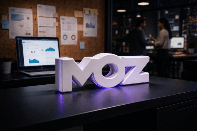 A photorealistic medium-wide cinematic shot, camera positioned approximately 1–2 meters from the subject, capturing a solid 3D isometric sculpture of the official Moz logo as the hero object, crafted from matte white acrylic with subtle electric-purple #7B63FF edge lighting, resting on a sleek dark desk in front of a large wall of natural textured cork, with the Moz platform open on a nearby laptop and an external monitor showing real analytics dashboards and the Moz logo on-screen, all clearly readable within a realistic environment. The object integrates subtle electric-purple accents indicating intelligence or activity without overpowering realism. Set in a contemporary Tech-Noir Brazilian digital marketing agency office at night, with the cork wall partially covered by pinned SEO reports, printed charts and color-coded sticky notes, city lights and faint neon reflections visible through a side window, and a couple of realistic, professionally dressed, diverse marketers collaborating in the background, softly out of focus in the periphery. Lighting is low-key and practical, coming from monitor glow, a warm desk lamp and a few overhead fixtures, complemented by a soft integrated white spotlight from above that gently reveals form, texture and depth on the Moz logo sculpture, cork wall and desktop. Cinematic realism, 35mm lens look, natural shallow-to-medium depth of field, neutral corporate palette with restrained electric-purple accents, premium materials, ultra-detailed, 8K, no captions, no additional text overlays, no watermarks.