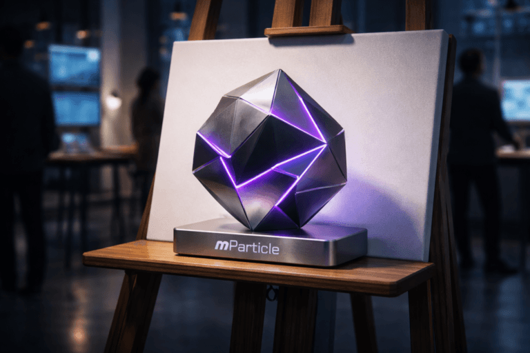 A photorealistic medium-wide cinematic shot, camera positioned approximately 1–2 meters from the subject, capturing a stylized physical mParticle hero object as a premium 3D geometric desk sculpture placed on the narrow shelf of a wooden painting easel in front of a pristine white canvas, the sculpture built from interlocking matte metal and glass-like facets with subtle electric-purple #7B63FF accents glowing softly along its edges, and the official mParticle logo cleanly engraved and edge-lit on a small brushed-metal base, clearly readable yet not overpowering the scene. The object integrates subtle electric-purple accents indicating intelligence or activity without overpowering realism. Set in a dimly lit modern data-driven marketing studio at night, with large wall-mounted screens and laptops in the background showing abstract, out-of-focus analytics dashboards, hints of city lights and neon reflections bleeding in through a high window, and a few diverse professionals in business-casual attire moving and collaborating in soft focus around standing desks, their presence secondary to the sculpture and easel. Lighting is low-key and practical, coming from desk lamps, monitor glow, and a soft integrated white spotlight from above and slightly to the side that gently reveals the form, texture, and depth of the mParticle sculpture, the wooden grain of the easel, and the smooth surface of the white canvas, creating a subtle Tech-Noir mood with cool neutral grays, deep shadows, and restrained purple reflections. Cinematic realism, 35mm–50mm photographic look, natural shallow-to-medium depth of field, premium materials, ultra-detailed, clean background, no visible interface text, no captions, no text overlays, no watermarks, 8K.