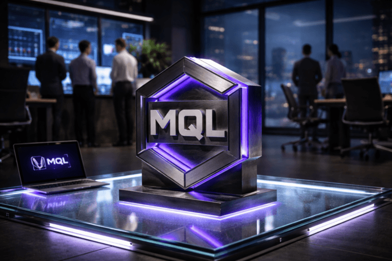 A photorealistic medium-wide cinematic shot, camera positioned approximately 1–2 meters from the subject, capturing a solid 3D isometric sculpture of the official MQL logo in brushed dark metal and glass as the hero object, standing on a thick tempered glass floor panel with beveled edges and embedded LED strips along the perimeter, the MQL logo clearly readable on the front face and subtly repeated on a nearby laptop screen on the floor, all elements crisp and instantly recognizable within a realistic environment. The object integrates subtle electric-purple (#7B63FF) accents along its edges, within the LED strips under the glass, and as a faint inner glow suggesting intelligent activity, without overpowering the natural materials or overall realism. Set in a modern B2B SaaS “war room” revenue-operations space at night inside a high-rise office, with the illuminated glass floor extending into the scene, minimalist dark desks and premium office chairs around it, large wall-mounted data dashboards and computer monitors casting cool light, and floor-to-ceiling windows revealing a moody tech-noir city skyline with soft neon reflections on the glass. Natural human presence appears in the background and periphery: a small, diverse group of business professionals in smart-casual attire, slightly out of focus, standing and conversing around a standing desk while glancing at the screens, their posture candid and realistic, never stealing focus from the MQL logo sculpture. Lighting is low-key and practical, coming from the embedded floor LEDs, computer screens, and faint city glow, complemented by a soft integrated white spotlight from above and slightly to the side that gently reveals the form, texture, and depth of the MQL logo sculpture and the glass floor, creating clean reflections and subtle shadows. Cinematic realism, natural shallow-to-medium depth of field, 35mm lens look, neutral corporate tones with restrained electric-purple neon accents, premium materials, ultra-detailed, 8K, no text overlays, no captions, no watermarks.