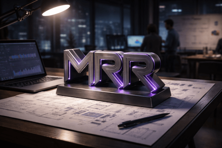 A photorealistic medium-wide cinematic shot, camera positioned approximately 1–2 meters from the subject, capturing a solid 3D isometric desk sculpture of the MRR brand logo as the hero object, made of brushed dark metal with precision-cut geometric edges and subtle electric-purple (#7B63FF) light lines running along its contours, the letters “MRR” clearly visible, resting naturally on an architect’s inclined drafting table alongside scattered SaaS-style interface sketches, technical diagrams, a digital pen, and a slim open laptop showing a softly blurred analytics dashboard on screen. The object integrates subtle electric-purple accents indicating intelligence or activity without overpowering realism, with faint reflections of graphs and data visualizations on its polished surfaces. Set in a dimly lit contemporary Tech-Noir office studio at night, styled like an analytical cockpit: an articulated architect’s lamp mounted to the table, a large window revealing a moody city skyline with soft neon reflections, additional ambient glow coming from nearby monitors and LED strips, and a couple of diverse professionals in the mid-ground, slightly out of focus, collaborating over screens and whiteboards. Lighting is low-key and practical, complemented by a soft integrated white spotlight from above and from the side, gently revealing form, texture, and depth of the MRR logo sculpture, the wood grain of the drafting table, and the metallic details of the lamp. Cinematic realism, natural shallow-to-medium depth of field, 35mm lens look, neutral corporate tones with restrained neon purple and cool blue accents, premium materials, ultra-detailed, 8K, no captions, no text overlays, no watermarks.