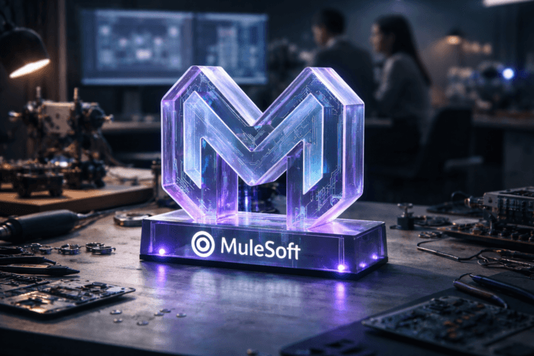 A photorealistic medium-wide cinematic shot, camera positioned approximately 1–2 meters from the subject, capturing a solid 3D isometric MuleSoft logo as a physical translucent acrylic desk sculpture, with subtle integrated circuitry patterns and tiny status lights, the official MuleSoft logo clearly visible on the front, resting naturally on a robotics assembly workbench with tools and electronic components neatly scattered around it, clearly readable within a realistic environment. The object integrates subtle electric-purple accents indicating intelligence or activity without overpowering realism. Set in a real robotics assembly workbench inside a modern Brazilian tech lab at night, with partially assembled robots and open circuit boards on the table, dual monitors in the background softly blurred showing a MuleSoft integration cockpit, and a couple of diverse engineers in the periphery collaborating, slightly out of focus, in casual-professional attire, adding natural human presence without stealing focus from the logo. Lighting is low-key and practical, coming from desk lamps, monitor glow, and a faint window light, complemented by a soft integrated white spotlight from above and a gentle electric-purple rim light from the side, revealing the logo’s form, texture, and depth and adding a subtle Tech-Noir atmosphere. Cinematic realism, natural shallow-to-medium depth of field, 35mm lens look, neutral corporate tones with restrained neon blue and electric purple #7B63FF accents, premium materials, ultra-detailed, 8K, no captions, no text overlays beyond the MuleSoft logo itself, no watermarks.