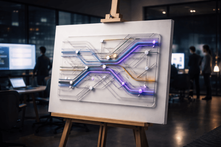 A photorealistic medium-wide cinematic shot, camera positioned approximately 1–2 meters from the subject, capturing a sleek physical data-sculpture representing multi-touch attribution — a layered acrylic relief of intersecting, color-coded metro-like lines and luminous connection nodes — mounted onto a large white painter’s canvas set on a real wooden studio easel, all clearly readable within a realistic environment. The object integrates subtle electric-purple (#7B63FF) accents flowing through selected lines and nodes, suggesting intelligence and data activity without overpowering the neutral, corporate palette of matte whites, charcoals, and cool grays. Set in a contemporary tech-noir UX design and analytics studio at night, with glass walls revealing soft distant city lights, large wall-mounted screens and laptops showing softly blurred dashboards, and premium minimalist furniture, while a small diverse group of professionals in smart-casual attire stand and sit in the background, slightly out of focus, engaged in discussion around another screen. Lighting is low-key and practical, coming from monitors, a floor lamp, and subtle ceiling fixtures, complemented by a soft integrated white spotlight from above and slightly to the side that gently sculpts the canvas, easel, and acrylic sculpture, revealing fine texture, reflections, and depth. Cinematic realism with a 35mm–50mm photographic look, natural shallow-to-medium depth of field, premium materials, ultra-detailed, 8K, no captions, no text overlays, no watermarks.