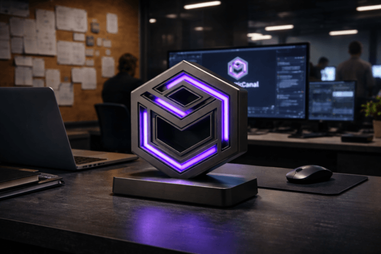 A photorealistic medium-wide cinematic shot, camera positioned approximately 1–2 meters from the subject, capturing a physical 3D isometric Multicanal logo sculpture in matte dark metal with premium finishes and subtle electric-purple #7B63FF edge lighting, placed realistically on a sleek dark desk beside a modern laptop and peripherals, with the Multicanal logo also naturally visible on the central monitor interface behind it, clearly readable within a realistic environment. The object integrates subtle electric-purple accents indicating intelligence or activity without overpowering realism. Set in a contemporary Tech-Noir inspired tech operations office at night inside a Brazilian e-commerce company, featuring a wall-sized natural cork pinboard behind the main workstation with pinned notes, diagrams and printed flows, and a multi-monitor command center showing muted dashboards and multichannel communication feeds, with a few diverse professionals in business-casual attire working in the background in soft focus, moving naturally and secondary to the logo sculpture. Lighting is low-key and practical, coming from monitor glow, discreet ceiling fixtures and a soft integrated white spotlight from above and slightly to the side, gently revealing form, texture and depth on the Multicanal logo, cork surface and desk materials. Cinematic realism, 35mm–50mm lens look, natural shallow-to-medium depth of field, neutral corporate palette with restrained neon electric-purple accents, premium materials, ultra-detailed, 8K, no captions, no text overlays, no floating logos, no watermarks.
