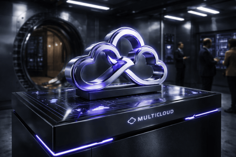 A photorealistic medium-wide cinematic shot, camera positioned approximately 1–2 meters from the subject, capturing a refined real-world hero object: a solid 3D metallic “Multicloud” logo sculpture in clean isometric geometry, physically mounted on a sleek black pedestal that functions as a digital flight-control dashboard, the Multicloud logo subtly engraved and softly backlit on the pedestal surface, with delicate luminous lines and small generic cloud icons and data nodes glowing beneath a glossy glass top, clearly readable within a realistic environment. The object integrates subtle electric-purple #7B63FF accents along its edges, light trails, and reflections to indicate intelligence and live multicloud activity without overpowering realism. Set in an ultra-modern high-security bank vault interior, with thick brushed stainless steel walls, a massive circular vault door partially open, discreet server racks and embedded screens in the background, scattered reflections of interface light on the steel surfaces, and a couple of diverse business professionals and security staff in suits and smart-casual attire blurred in the periphery as they monitor tablets and wall displays, reinforcing a sense of protected, orchestrated digital assets in motion. Lighting is low-key and practical, coming from built-in vault ceiling strips, small wall monitors, and the pedestal interface itself, complemented by a soft integrated white spotlight from above that gently reveals the logo’s form, brushed metal texture, and the pedestal’s premium materials, with subtle purple and teal tech-noir highlights. Cinematic realism, natural shallow-to-medium depth of field, 35mm lens look, premium materials, ultra-detailed surfaces, crisp reflections, no captions, no text overlays, no watermarks, 8K.