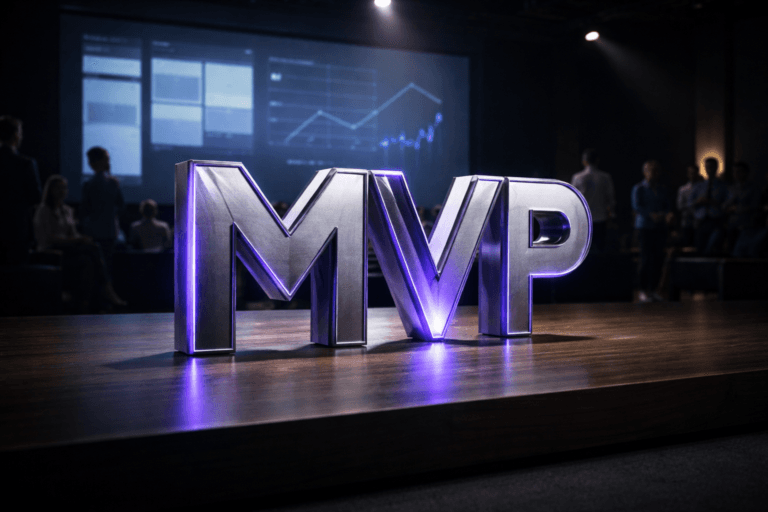 A photorealistic medium-wide cinematic shot, camera positioned approximately 1–2 meters from the subject, capturing a three-dimensional isometric sculpture of the MVP brand logo — the letters “MVP” in a clean geometric type, rendered as a solid 3D object in brushed metal and glass — standing on a dark wooden theater stage, clearly readable and treated as the hero object within a realistic environment. The object integrates subtle electric-purple (#7B63FF) edge lighting and internal reflections indicating intelligence or activity without overpowering realism. Set in a contemporary tech-noir conference theater, with the dark-wood stage extending into a dimly lit auditorium, a large minimal LED screen behind the logo softly displaying abstract kanban-board tiles and analytics-graph shapes without legible text, and a small, diverse group of professionals in business-casual attire seated and standing in the background and periphery, partially in shadow and gently out of focus, observing and quietly discussing. Lighting is low-key and practical, coming from a single overhead stage spotlight and the cool ambient glow of the LED screen and aisle lights, complemented by a soft integrated white spotlight from above that gently reveals the logo’s form, texture, and depth while allowing the edges of the stage to fall into shadow. Cinematic realism, natural shallow-to-medium depth of field, 35mm lens look, neutral corporate color palette with restrained electric-purple neon accents, premium materials, ultra-detailed, 8K, no captions, no additional text overlays, no watermarks.