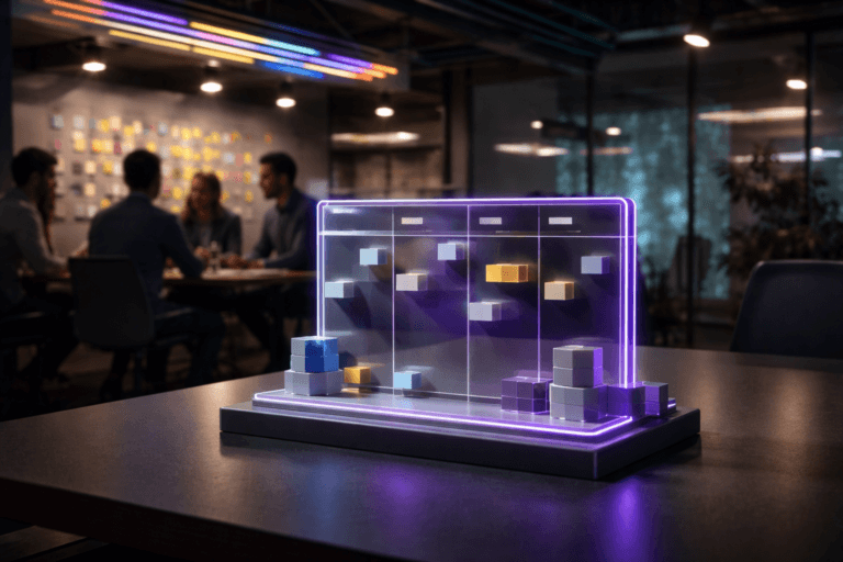 A photorealistic medium-wide cinematic shot, camera positioned approximately 1–2 meters from the subject, capturing a sleek physical tabletop sculpture representing MVP Lean as a small isometric Kanban board made of stacked translucent acrylic tiles and blocks in muted corporate tones, with precise edges and premium finish, clearly readable within a realistic environment. The object integrates subtle electric-purple (#7B63FF) accents along its edges and internal lines, indicating intelligence and activity without overpowering realism. Set in a late-evening tech war room inside a modern Brazilian product office, an open-plan space with glass walls, a large Kanban wall in the background filled with colorful sticky notes, an agile squad of diverse professionals gathered around the table in candid discussion, and an exposed industrial ceiling where a perfectly organized tray of colorful network cables runs overhead like a tidy neon circuit, softly glowing in coordinated colors. Lighting is low-key and practical, coming from overhead office fixtures, laptop and monitor screens, and the ceiling cable tray, complemented by a soft integrated white spotlight from above and slightly to the side, gently revealing form, texture, and depth on the MVP Lean sculpture and the nearby tabletop. Subtle tech-noir atmosphere with cool blue shadows, restrained neon reflections, and electric-purple accents, cinematic realism, natural shallow-to-medium depth of field, premium materials, ultra-detailed, 8K, no text, no captions, no watermarks.