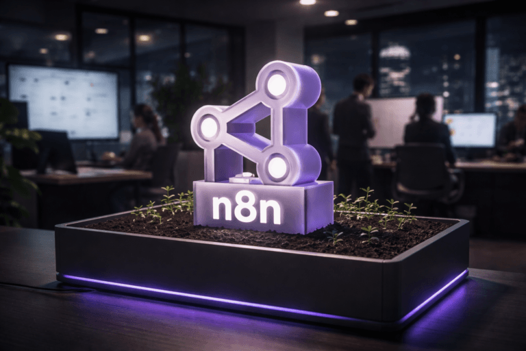 A photorealistic medium-wide cinematic shot, camera positioned approximately 1–2 meters from the subject, capturing a physical 3D isometric n8n logo sculpture in translucent matte acrylic emerging from a sleek rectangular desk planter filled with rich dark fertile soil and tiny fresh green sprouts, the official n8n logo clearly visible on the front of the sculpture and clearly readable within a realistic environment. The object integrates subtle electric-purple (#7B63FF) accent lighting along the edges of the logo and around the planter, suggesting intelligent automation and activity without overpowering realism. Set in a contemporary B2B SaaS open-plan office at night with a tech-noir mood, large monitors on nearby desks displaying softly blurred n8n-style workflow canvases, glass walls, and a distant city skyline glowing through the windows, cool neutral corporate tones with restrained neon reflections. Natural human presence appears in the background and periphery as a diverse group of marketing and operations professionals, softly out of focus, collaborating around screens and whiteboards, their posture candid and professional, never distracting from the hero object. Lighting is low-key and practical, coming from computer screens, desk lamps, and the city lights, complemented by a soft integrated white spotlight from above that gently reveals the form, texture, and depth of the n8n logo sculpture, the soil, and the sprouts. Cinematic realism, natural shallow-to-medium depth of field, premium materials, ultra-detailed, 8K, no captions, no text overlays, no watermarks.