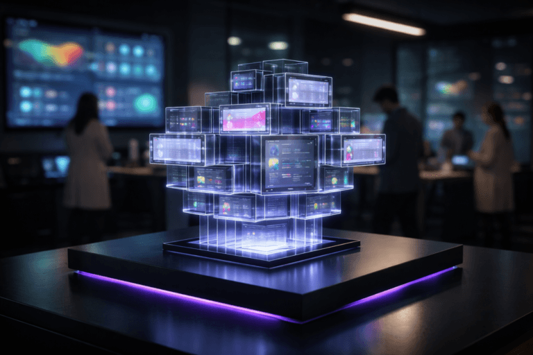 A photorealistic medium-wide cinematic shot, camera positioned approximately 1–2 meters from the subject, capturing a sleek real-world hero object: a physical tabletop sculpture representing Native Advertising, built from stacked translucent glass panels and ultra-thin screens arranged in a precise isometric 3D grid, each surface softly emitting blurred UI-style content feeds, charts, and in-feed tiles with native ad cards, no readable text or logos, the whole structure mounted on a matte black pedestal desk with subtle electric-purple edge lighting suggesting active AI-driven optimization, clearly readable within a realistic environment. The object integrates subtle electric-purple accents indicating intelligence or activity without overpowering realism. Set in a high-end tech-noir clean-room style marketing analytics lab at night, with glass walls, reflections on polished floors, large out-of-focus wall displays showing colorful heatmaps and performance dashboards, and a diverse team of marketing and data professionals in smart-casual attire and light lab coats moving naturally in the background with focused, neutral expressions, secondary to the sculpture, a distant city skyline glowing through the windows. Lighting is low-key and practical, mixing the cool ambient glow of screens with a soft integrated white spotlight from above and slightly to the side, gently revealing form, texture, and depth on the glass, metal, and desk surfaces while letting the surrounding lab fall into moody shadow. Cinematic realism, natural shallow-to-medium depth of field, 35mm lens look, neutral corporate tones with restrained electric-purple #7B63FF accents, premium materials, ultra-detailed, 8K, no captions, no text overlays, no watermarks.