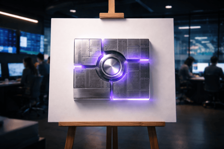 A photorealistic medium-wide cinematic shot, camera positioned approximately 1–2 meters from the subject, capturing a refined real-world hero object: a sleek physical sculptural control module symbolizing Natural Language Generation, a compact premium acrylic-and-brushed-metal console made of interlocking translucent tiles with etched abstract text-like patterns, neatly mounted at the center of a large matte-white canvas on a sturdy wooden easel, clearly readable within a realistic environment. The object integrates subtle electric-purple #7B63FF accent LEDs and edge glows indicating intelligence or activity without overpowering realism. Set in a late-night modern marketing command studio with a tech-noir atmosphere: glass walls, rows of contemporary desks, multiple large wall-mounted screens showing blurred, abstract analytics and campaign dashboards (no legible text), cool grey and charcoal interiors with restrained neon reflections, and a distant city skyline at night visible through tall windows; diverse marketing professionals in smart-casual attire work and collaborate in the background and periphery, softly out of focus. Lighting is low-key and practical, coming from monitors, desk lamps, and window glow, complemented by a soft integrated white spotlight from above and slightly to the side, gently revealing the sculpture’s form, texture, and depth on the canvas and easel. Cinematic realism, natural shallow-to-medium depth of field, 35mm lens look, premium materials, ultra-detailed, 8K, no captions, no on-screen text, no watermarks.