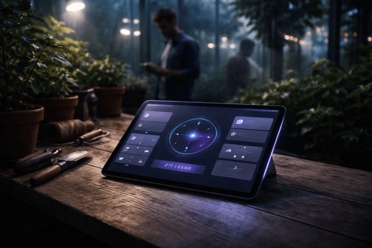 A photorealistic medium-wide cinematic shot, camera positioned approximately 1–2 meters from the subject, capturing a sleek bezel-less tablet resting on a rustic wooden greenhouse workbench, its glossy screen displaying a perfectly organized, intuitive navigation dashboard with clear card-like sections, simple icons and layered panels arranged like a digital compass, no legible text, symbolizing frictionless UX. The object integrates subtle electric-purple (#7B63FF) accents in interface highlights and a faint glow along the tablet edge, indicating intelligence and activity without overpowering realism. Set in a real nighttime Tech-Noir greenhouse environment: a long wooden potting bench surrounded by lush green plants in terracotta pots, misted glass walls, soft reflections of distant city lights and cool blue ambient tones. In the background and periphery, slightly out of focus, a diverse, casually dressed UX professional stands near the bench reviewing another device, while a second figure moves quietly among the plants, adding natural human presence without stealing focus from the tablet. Lighting is low-key and practical, coming from the tablet screen, a small overhead greenhouse lamp and a cool side glow from the glass, complemented by a soft integrated white spotlight from above that gently reveals the form, texture and depth of the tablet, wood grain and leaves. Cinematic photographic realism with subtle Tech-Noir influence, neutral corporate color palette with restrained neon accents, natural shallow-to-medium depth of field, 35mm lens look, premium materials, ultra-detailed, 8K, no captions, no text overlays, no watermarks.