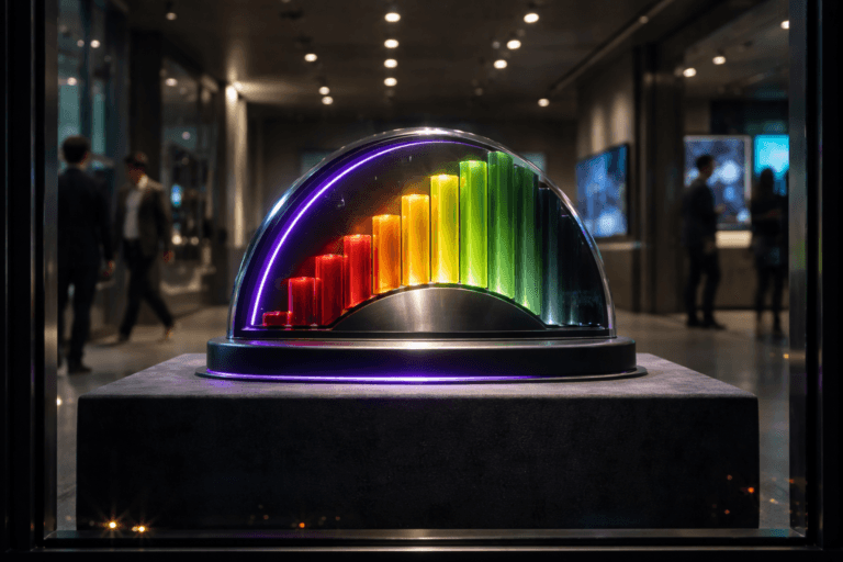 A photorealistic medium-wide cinematic shot, camera positioned approximately 1–2 meters from the subject, capturing a sleek physical data sculpture representing Net Promoter Score as the hero object: a polished glass and brushed-metal semi-circular gauge rising from a matte black base, with stacked translucent bars transitioning from deep red through amber to soft green, subtly animated by inner reflections that suggest live customer-loyalty data, clean edges, premium materials, clearly readable within a realistic environment. The object integrates subtle electric-purple accents indicating intelligence or activity without overpowering realism, with a faint electric-purple glow tracing along the inner arc of the gauge and a thin luminous line around the base. Set in a high-end, tech-focused storefront at night, viewed through a large glass window where the sculpture stands centered on a dark velvet-covered pedestal inside a minimalist shop, city lights and passing traffic reflected in the glass, with a few diverse professionals in business attire walking past on the sidewalk and another pair softly visible deeper inside the store discussing in front of dimly lit analytics screens, all slightly out of focus so the sculpture remains the clear focal point, creating a grounded Tech-Noir atmosphere. Lighting is low-key and practical, coming from discrete ceiling spots inside the store, cool window light from the street, and the glow of nearby digital displays, complemented by a soft integrated white spotlight from above that grazes the sculpture and pedestal, gently revealing form, texture, and depth while leaving the surroundings in tasteful shadow. Cinematic realism, natural depth of field, 35mm lens look, ultra-detailed surfaces, crisp reflections on the glass, premium corporate aesthetic, neutral tones with restrained neon and electric-purple accents, 8K.