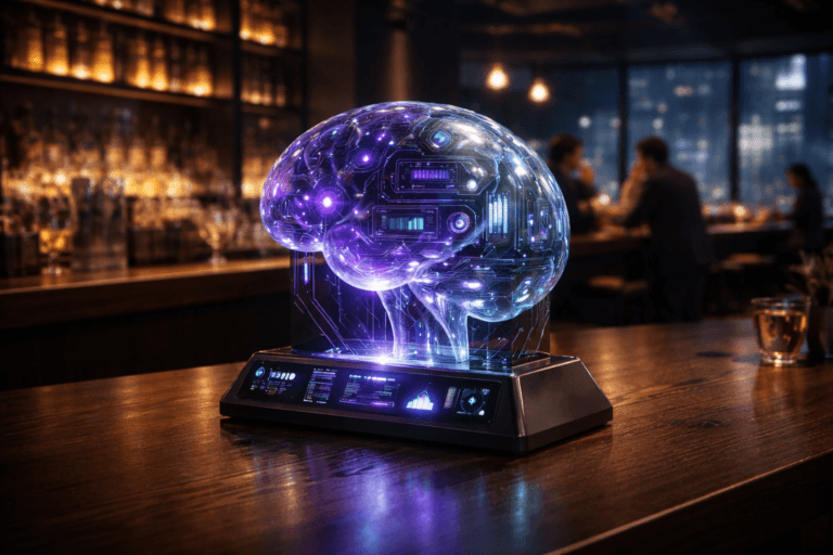 A photorealistic medium-wide cinematic shot, camera positioned approximately 1–2 meters from the subject, capturing a refined real-world hero object: a stylized but realistic tabletop glass-and-metal sculpture representing neuromarketing, shaped like a semi-transparent human brain fused with a sleek marketing dashboard interface, geometric isometric-inspired facets, fine metallic circuits running across the surface and into a matte black base, tiny embedded LED nodes and neural pathways softly glowing in subtle electric purple #7B63FF and hints of cyan, resting on a dark polished wooden bar counter, clearly readable within a realistic environment. The object integrates subtle electric-purple accents indicating intelligence or activity without overpowering realism. Set in a contemporary tech-noir bar-lounge at night, with the dark wooden bar stretching into the background, shelves of backlit bottles and glassware catching soft neon reflections, muted digital screens and city lights visible through large windows, and a few diverse professionals in smart-casual attire talking quietly or checking their phones at the bar and nearby tables, all slightly out of focus in the periphery. Lighting is low-key and practical, coming from bar pendants, shelf backlights, and ambient city glow, complemented by a soft integrated white spotlight from above and slightly to the side of the sculpture, gently revealing form, texture, and depth with natural shadows and reflections on the polished wood. Cinematic realism, 35mm lens look, natural depth of field, premium materials, ultra-detailed, 8K, no text, no captions, no watermarks.