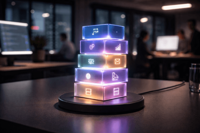 A photorealistic medium-wide cinematic shot, camera positioned approximately 1–2 meters from the subject, capturing a circular black wireless charging base on a sleek dark desk, supporting a cluster of modular, color‑coded acrylic blocks arranged in a clean isometric tower, each block with subtle engraved code‑like icons and interface symbols, clearly readable as a tangible “no‑code” system assembled from visual components. The modular stack emits discreet electric‑purple (#7B63FF) light traces along its edges and between the blocks, suggesting intelligent automation and data flow without overpowering the realism. Set in a contemporary tech‑noir corporate workspace at night, with large windows revealing a soft bokeh cityscape with faint neon accents, glass walls, and minimalistic monitors glowing softly; a few diverse professionals in business‑casual attire are visible in the background and periphery, slightly out of focus as they collaborate around secondary desks and screens. Lighting is low‑key and practical, coming from desk lamps, monitor glow, and a subtle overhead fixture, complemented by a soft integrated white spotlight from the side that gently sculpts the wireless base and modular blocks, revealing premium materials, form, texture, and depth. Cinematic realism, natural shallow‑to‑medium depth of field, 35mm/50mm photographic look, neutral corporate color palette with restrained electric‑purple accents, ultra‑detailed, 8K, no captions, no text overlays, no watermarks.