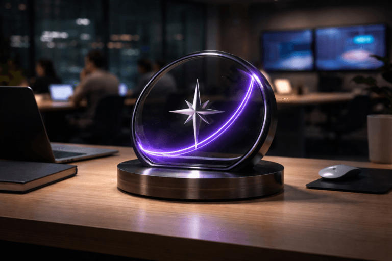 A photorealistic medium-wide cinematic shot, camera positioned approximately 1–2 meters from the subject, capturing a premium physical desk sculpture representing a “North Star Metric” as the hero object: a solid, weighty piece in brushed dark metal and glass, shaped like a minimalist compass dial with a sharp central star icon and a clean, singular rising data-arc encircling it, subtle electric-purple #7B63FF light pulsing softly along the arc and star edge, resting on a tidy light-wood shared coworking desk surrounded by understated items like a closed notebook, a sleek laptop, and a wireless mouse, all clearly readable within a realistic environment. The object integrates subtle electric-purple accents indicating intelligence or activity without overpowering realism. Set in a contemporary open-plan tech coworking office at night, with a long light-wood communal desk, blurred diverse professionals in smart-casual attire collaborating in the background, large wall-mounted screens showing softly glowing abstract analytics dashboards, and distant city lights visible through floor-to-ceiling windows, creating a restrained tech-noir atmosphere with neutral corporate tones, soft cool shadows, and gentle purple and teal reflections. Lighting is low-key and practical, coming from laptops, desk lamps, and the wall screens, complemented by a soft integrated white spotlight from above and slightly to the side of the sculpture, gently revealing form, texture, and depth on the metal and glass surfaces while keeping the background slightly subdued. Shot with a 35mm cinematic lens, natural shallow-to-medium depth of field that keeps the North Star Metric sculpture in sharp focus and the people and office environment tastefully blurred, cinematic realism, natural depth of field, premium materials, ultra-detailed, 8K, no text, no UI legibility, no captions, no watermarks.