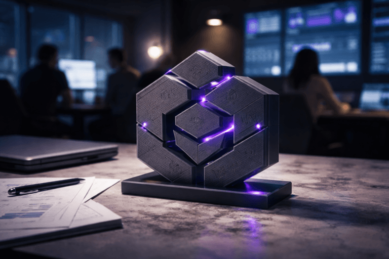 A photorealistic medium-wide cinematic shot, camera positioned approximately 1–2 meters from the subject, capturing a tangible 3D isometric desktop sculpture representing a stylized generic NoSQL databases logo, made of interlocking matte graphite and gunmetal blocks with subtle node-and-connection engravings and refined electric-purple (#7B63FF) edge lighting, resting as the hero object on a ceramic worktable streaked with gray clay smudges and fingerprints, surrounded by realistic office items like a closed laptop, a stylus and scattered analytics notes, clearly readable within a realistic environment. The object integrates subtle electric-purple accents indicating intelligence or activity without overpowering realism. Set in a dimly lit open-plan marketing analytics war room at night, with large monitors and wall-mounted dashboards casting cool blue and purple light, a distant desk lamp and city-window glow in the background, and a diverse team of marketing, product and CRM professionals in soft focus at the periphery as they review real-time campaign dashboards and KPIs. Lighting is low-key and practical, complemented by a soft integrated white spotlight from above and slightly to the side, gently revealing the logo sculpture’s form, texture and depth on the clay-stained ceramic table. Cinematic realism, natural shallow-to-medium depth of field, 35mm lens look, premium materials, ultra-detailed, 8K, no captions, no on-screen UI text, no watermarks.