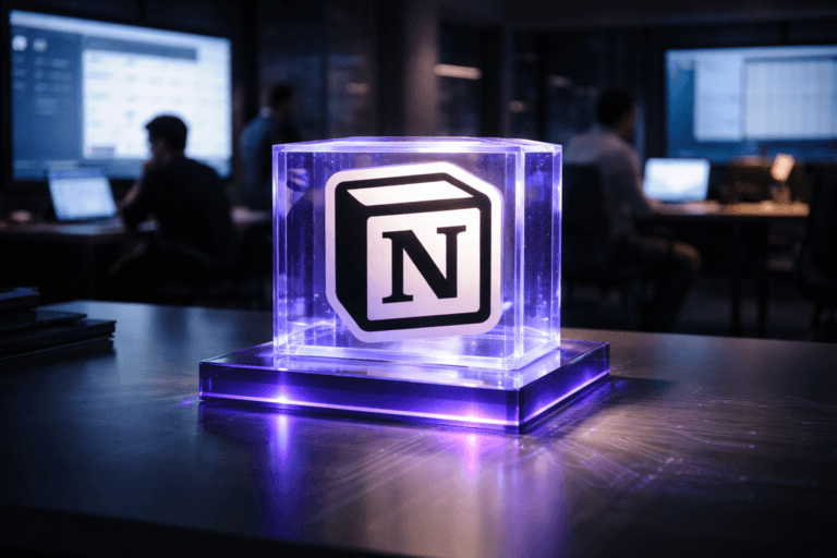 A photorealistic medium-wide cinematic shot, camera positioned approximately 1–2 meters from the subject, capturing a solid 3D isometric acrylic desk sculpture of the official Notion AI logo, the black Notion “N” logo mark crisply printed on a white cube encased in clear translucent acrylic, resting on a sleek, colorful translucent acrylic plastic surface, clearly readable within a realistic environment. The object integrates subtle electric-purple #7B63FF edge lighting and faint circuit-like reflections within the acrylic to indicate intelligence or activity without overpowering realism. Set in a dim, modern open-plan tech office marketing war room at night, with large wall-mounted monitors and laptops in the background showing softly blurred analytics dashboards and Notion workspaces, diverse professionals in business-casual attire collaborating in the periphery and background, slightly out of focus. Lighting is low-key and practical, coming from monitor glow, a few desk lamps, and a distant city window, complemented by a soft integrated white spotlight from above and slightly to the side that gently reveals the logo, acrylic texture, surface reflections, and depth on the translucent plastic desk. Cinematic photographic realism with a 35mm lens look, natural shallow-to-medium depth of field, subtle tech-noir atmosphere, neutral corporate tones with restrained electric-purple neon accents in reflections and UI glows, premium materials, ultra-detailed, 8K, no captions, no text overlays, no watermarks.