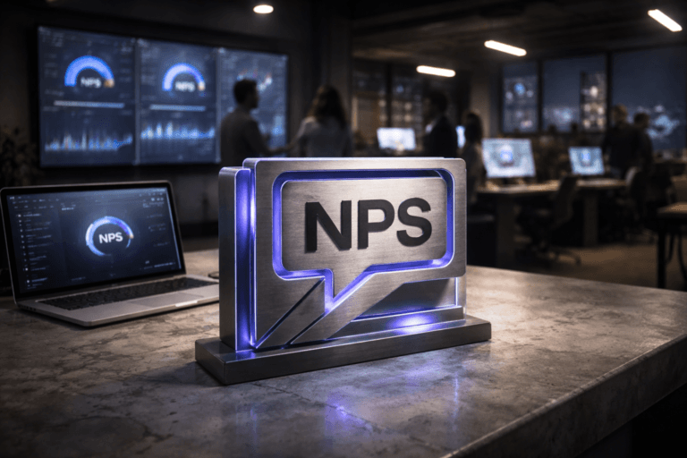 A photorealistic medium-wide cinematic shot, camera positioned approximately 1–2 meters from the subject, capturing a tactile real-world hero object: a solid 3D isometric sculpture of the NPS logo in brushed metal and glass, resting on a gray clay–smeared ceramic table, with the official NPS logo clearly visible on the sculpture and echoed subtly on a nearby laptop dashboard screen, all clearly readable within a realistic environment. The object integrates subtle electric-purple (#7B63FF) edge accents and internal reflections indicating intelligence or activity without overpowering realism. Set in a dimly lit tech-noir customer experience command center at night, a modern SaaS office with large wall-mounted monitors showing softly blurred analytics graphs and NPS gauges, panoramic windows revealing a futuristic cityscape with distant neon lights, and additional workstations surrounding the clay-stained ceramic table, with natural human presence in the background or periphery: a diverse team of professionals in smart-casual attire collaborating around screens and walking through the space, captured candidly and slightly out of focus so the NPS sculpture remains the focal point. Lighting is low-key and practical, coming from monitor glow, a desk lamp, and a few overhead fixtures, complemented by a soft integrated white spotlight from above and slightly to the side, gently revealing form, texture, and depth in the NPS sculpture, the ceramic tabletop, and subtle clay smudges. Cinematic realism, natural depth of field, 35mm lens look, neutral corporate color palette with restrained electric-purple neon accents, premium materials, ultra-detailed, 8K, no text overlays, no watermarks.