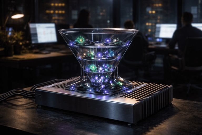 A photorealistic medium-wide cinematic shot, camera positioned approximately 1–2 meters from the subject, capturing a sleek desktop glass greenhouse-terrarium sculpture representing lead nurturing as the hero object, with modular transparent compartments arranged in a gentle funnel-like progression, each compartment holding small bioluminescent plants and tiny metal data-node orbs connected by subtle circuit-like inlays on the glass, the whole piece resting firmly on a large brushed-aluminum heat-sink block with tall parallel fins used as a futuristic desk surface, clearly readable within a realistic environment. The object integrates subtle electric-purple accents indicating intelligence or activity without overpowering realism, with soft pulses of #7B63FF along the circuit lines and in the glow of select plants. Set in a dimly lit modern B2B SaaS office at night in a tech-noir style, with the aluminum heat-sink surface functioning as part of an industrial workstation, out-of-focus diverse marketing professionals collaborating around computer monitors and CRM dashboards in the background, city lights and server LEDs adding depth and atmosphere. Lighting is low-key and practical, coming from nearby monitors, a desk lamp and distant windows, complemented by a soft integrated white spotlight from above and slightly to the side, gently revealing the form, reflections and textures of the glass, plants, metal fins and cables, with subtle shadows falling between the heat-sink blades. Cinematic realism, natural shallow-to-medium depth of field, premium materials, ultra-detailed, 8K, no text, no captions, no watermarks.