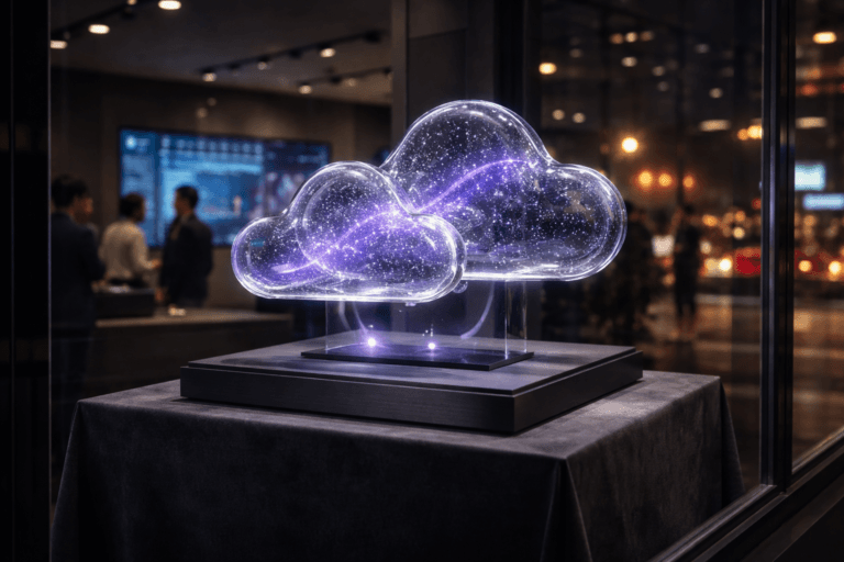 A photorealistic medium-wide cinematic shot, camera positioned approximately 1–2 meters from the subject, capturing a high-end physical sculpture representing hybrid cloud data as the hero object: two interlocking translucent glass cloud forms emerging from a matte black tech pedestal, filled with tiny luminous particles like embedded micro-LEDs, appearing to float just above a dark velvet plinth via thin transparent supports, with subtle electric-purple #7B63FF accents pulsing through the interior to suggest intelligent data flow and real-time analytics, all clearly readable within a realistic environment. The object integrates subtle electric-purple accents indicating intelligence or activity without overpowering realism. Set in an upscale nighttime tech retail store window on a busy urban street, the sculpture displayed in a meticulously arranged shopfront behind pristine glass, with soft reflections of city lights and restrained neon, blurred pedestrians and passing cars outside, and a few diverse professionals in the background inside the store in candid discussion around softly glowing dashboards and performance charts on wall-mounted screens, evoking a data-driven “war room” atmosphere. Lighting is low-key and practical, coming from discreet ceiling spotlights in the display, the cool glow of nearby monitors, and ambient street lighting, complemented by a soft integrated white spotlight from above and slightly to the side that gently reveals the form, texture, and depth of the glass clouds, the velvet pedestal, and the premium materials. Cinematic realism, 35mm photographic look, natural shallow-to-medium depth of field, neutral corporate tones with restrained electric-purple highlights, ultra-detailed, 8K, no captions, no text overlays, no watermarks.