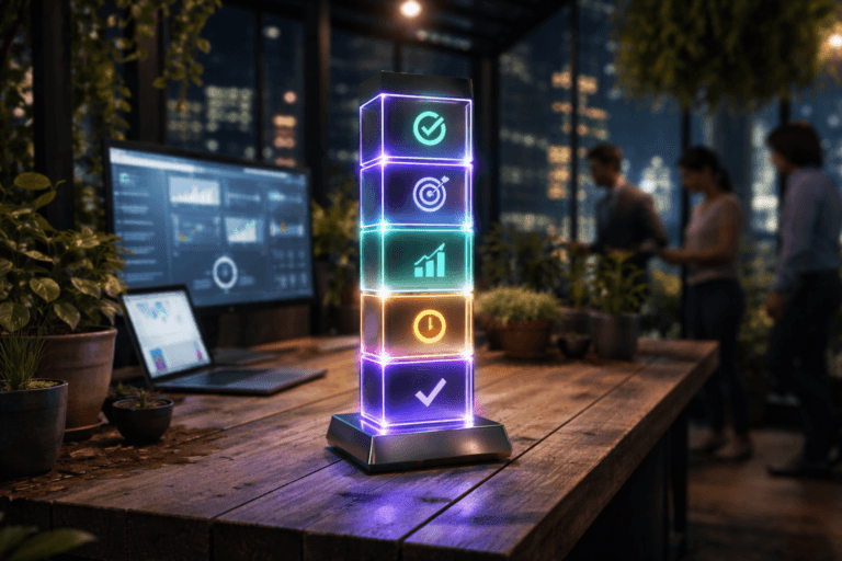 A photorealistic medium-wide cinematic shot, camera positioned approximately 1–2 meters from the subject, capturing a premium physical desktop sculpture representing SMART objectives as the hero object: a sleek metal-and-glass totem composed of five stacked translucent blocks, each segment clearly separated and marked only by distinct color and minimal icon-like engravings, with thin electric-purple #7B63FF LED accents tracing the edges to suggest intelligent, data-driven goal tracking, clearly readable within a realistic environment. The object integrates subtle electric-purple accents indicating intelligence or activity without overpowering realism. Set in a modern glass-walled greenhouse workspace at night, the sculpture rests on a rustic wooden bench surrounded by lush potted plants and hanging greenery, the bench functioning as a hybrid potting table and standing desk; nearby, a slim laptop and a larger monitor display an abstract BI-style dashboard of charts and cards with no legible text, casting a cool digital glow into the foliage and onto the sculpture, while distant city lights shimmer through the glass, reinforcing a refined Tech-Noir atmosphere. In the background and periphery, slightly out of focus, a small, diverse group of professionals in smart-casual attire move naturally through the space, one person leaning over the bench checking a tablet, another walking past with a notebook, their expressions neutral and focused, providing subtle human presence without competing with the hero object. Lighting is low-key and practical, driven by the laptop and monitor screens, warm greenhouse lamps overhead, and soft reflections from the city, complemented by a gentle integrated white spotlight from above and slightly to the side that sculpts the SMART sculpture, revealing the polished metal, glass transparency, wood grain, and plant textures with rich contrast and depth. Cinematic realism, 35mm lens look, natural shallow-to-medium depth of field, premium materials, ultra-detailed, 8K, neutral corporate color palette with restrained electric purple and cool teal neon accents, no captions, no text overlays, no watermarks.