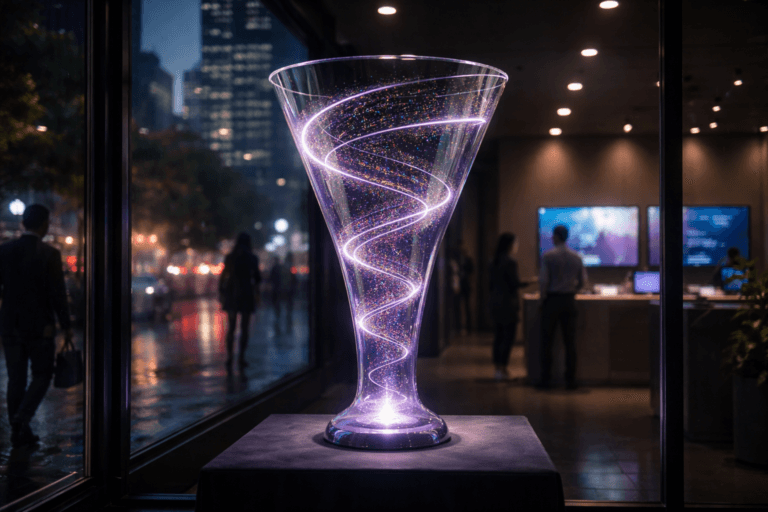 A photorealistic medium-wide cinematic shot, camera positioned approximately 1–2 meters from the subject, capturing a tall translucent glass data funnel sculpture, shaped like a marketing conversion funnel, filled with suspended streams of tiny multicolored particles spiraling smoothly downward inside the glass, clearly readable as the hero object within a realistic environment. The object integrates subtle electric-purple (#7B63FF) accents along the inner spiral and base, suggesting intelligent real-time data flow without overpowering realism. Set inside a high-end, glass-fronted tech retail showroom at night, displayed in a clean store window on a dark velvet pedestal, overlooking a rainy urban street with neon reflections and distant office towers in soft focus, with natural human presence in the background and periphery — silhouettes of diverse professionals walking past on the sidewalk and a couple of marketers visible deeper in the showroom near softly glowing dashboards and monitors. Lighting is low-key and practical, coming from interior spotlights, the street outside, and nearby screens, complemented by a soft integrated white spotlight from above that gently reveals the funnel’s glass texture, the velvet pedestal, and the swirling particles, adding depth and subtle reflections on the window glass. Cinematic realism, 35mm lens look, natural shallow-to-medium depth of field, neutral corporate tones with restrained electric-purple neon accents, premium materials, ultra-detailed, 8K, no text, no watermarks.
