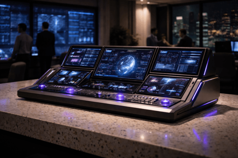 A photorealistic medium-wide cinematic shot, camera positioned approximately 1–2 meters from the subject, capturing a sleek physical executive command console styled as a compact control-center dashboard, with multiple glassy mini-screens and luminous indicator lights arranged in layered panels, resting on a white terrazzo (granilite) tabletop with colorful stone fragments, clearly readable within a realistic environment. The object integrates subtle electric-purple (#7B63FF) accents in the active indicator lights and edge highlights, suggesting intelligence and real-time system observability without overpowering realism. Set in a dimly lit ultra-modern corporate observability war room at night, with floor-to-ceiling glass hinting at a city skyline, softly blurred wall-sized data displays, and a few diverse IT and data professionals standing or seated in the background and periphery, engaged in quiet discussion around other workstations. Lighting is low-key and practical, coming from the console’s screens, nearby monitors, and a soft integrated white spotlight from above and slightly to the side, gently revealing the terrazzo texture, premium metallic and glass materials of the console, and subtle reflections on the tabletop. Cinematic realism, natural shallow-to-medium depth of field, premium materials, ultra-detailed, 8K, no visible text or UI labels, no captions, no watermarks.