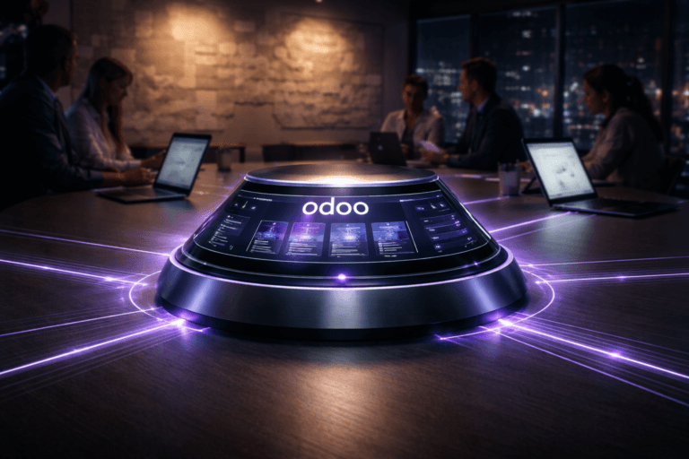 A photorealistic medium-wide cinematic shot, camera positioned approximately 1–2 meters from the subject, capturing a sleek physical customer-relationship “control hub” device on a conference table — a low, circular brushed-metal and glass console with an integrated curved display showing the Odoo CRM interface, the official Odoo logo clearly visible on the central screen, with fine, precise luminous connection lines extending from the console into nearby laptops, tablets, and subtle in-table light traces to represent multiple incoming lead channels — clearly readable within a realistic environment. The object integrates subtle electric-purple (#7B63FF) accents along its light traces, edge glows, and interface highlights, indicating intelligence and real-time activity without overpowering realism. Set in a modern nighttime B2B marketing war room, a glass-walled corporate meeting space overlooking a softly blurred cityscape, with one large wall in the background covered by taped-up sheets of slightly crumpled and re-smoothed kraft paper used for mapping funnels and campaigns, softly lit so the paper texture is clearly visible but any markings remain indistinct; diverse marketing and sales professionals in smart-casual attire are naturally posed around the table and in the periphery, out of focus, glancing between the hub and their screens as if collaborating on SEO, campaigns, and pipeline metrics. Lighting is low-key and practical, coming from laptop screens, the hub’s interface, and a few discreet ceiling fixtures, complemented by a soft integrated white spotlight from above and slightly to the side, gently revealing form, texture, and depth on the Odoo console, the kraft paper wall, and the tabletop. Cinematic realism with a subtle tech-noir mood, neutral corporate greys, deep charcoals, and cool blues balanced by restrained electric-purple accents, natural shallow-to-medium depth of field, premium materials, ultra-detailed, 8K, no captions, no text overlays, no watermarks.