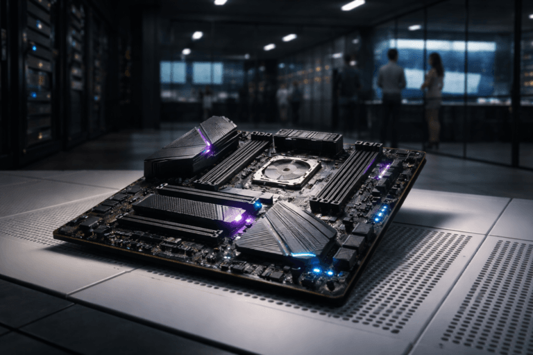 A photorealistic medium-wide cinematic shot, camera positioned approximately 1–2 meters from the subject, capturing a complex high-end motherboard resting on a pristine white raised technical floor with perforated cooling panels, its copper traces sharply visible and key components softly glowing with subtle electric-purple #7B63FF and cool cyan LED accents, clearly readable within a realistic environment. The object integrates subtle electric-purple accents indicating intelligence or activity without overpowering realism. Set in a sophisticated tech-noir corporate data center and control room at night, with rows of dark server racks receding into the background, glass partitions reflecting distant city lights, and a couple of diverse engineers in smart-casual attire moving and collaborating in the periphery, softly out of focus as they review large, textless data visualizations on wall-mounted screens. Lighting is low-key and practical, coming from overhead grid lights, server LEDs, and screen glow, complemented by a soft integrated white spotlight from above and slightly to the side of the motherboard, gently revealing form, texture, and depth of the circuitry and floor tiles. Cinematic realism, 35mm lens look, natural shallow-to-medium depth of field, neutral corporate tones with restrained neon accents, premium materials, ultra-detailed, 8K, no captions, no text overlays, no watermarks.