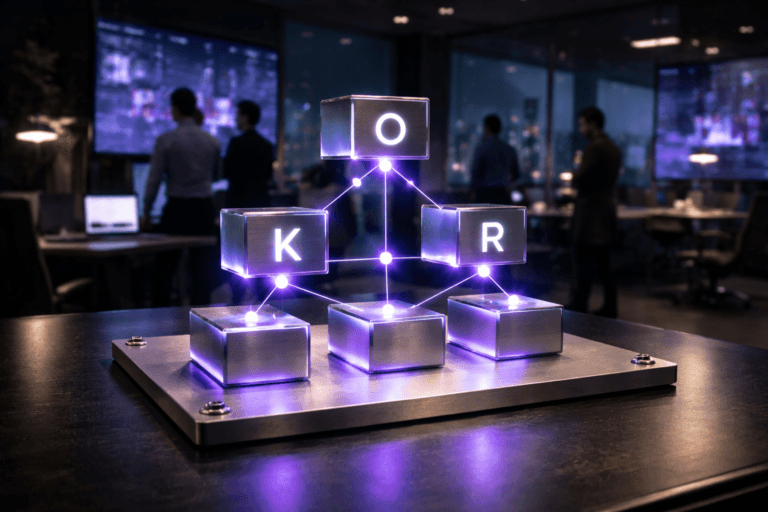 A photorealistic medium-wide cinematic shot, camera positioned approximately 1–2 meters from the subject, capturing a premium desk-sized physical sculpture representing OKRs clearly readable within a realistic environment: stacked translucent glass and brushed-metal blocks connected by thin illuminated lines and circular nodes, arranged in a clean isometric-inspired composition and resting on a brushed metal plate with visible industrial screws at the corners, with subtle electric-purple (#7B63FF) edge accents pulsing through the connections to indicate live data and intelligence without overpowering realism. The object integrates subtle electric-purple accents indicating intelligence or activity without overpowering realism. Set in a modern Tech-Noir corporate war-room office at night, with a sleek metal-and-glass workstation surface, panoramic windows revealing a faint futuristic city skyline in the dark, and multiple large wall-mounted data dashboards and transparent screens casting soft bluish and purple ambient light, while a few diverse professionals in business-casual attire collaborate in the background around the screens, slightly out of focus so the sculpture remains the hero. Lighting is low-key and practical, coming from the surrounding screens and a few minimalist desk lamps, complemented by a soft integrated white spotlight from above and slightly to the side, gently revealing the sculpture’s form, polished metal texture, and glass reflections, with natural shadows and depth on the brushed metal plate. Cinematic realism, natural shallow-to-medium depth of field, 35mm lens look, premium materials, ultra-detailed, 8K, no captions, no on-screen text, no UI elements, no watermarks.