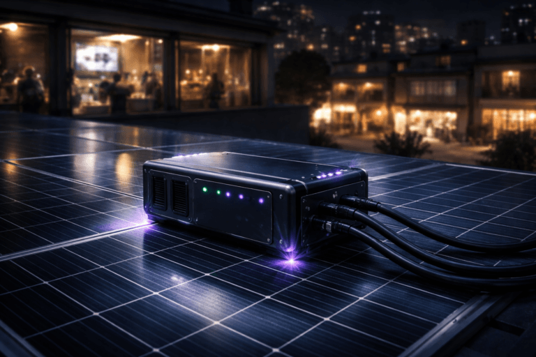 A photorealistic medium-wide cinematic shot, camera positioned approximately 1–2 meters from the subject, capturing a compact high-end electrical transformer module resting securely on a dark blue photovoltaic solar panel with a precise silver grid, the metal housing sleek matte black with subtle vents, indicator LEDs and neatly routed cable connections, faint threads of static energy shimmering around its edges, clearly readable as the hero object within a realistic environment. The object integrates subtle electric-purple (#7B63FF) accents along its indicator lights, edge glows and soft reflections on the solar glass, indicating intelligence and power flow without overpowering realism. Set on the rooftop of a medium-sized Brazilian retail store at night, the roof covered in aligned dark blue solar panels with silver grid lines, overlooking a dense urban streetscape of shopfronts and mid-rise buildings, warm store interiors visible through glass with customers browsing and staff at point-of-sale terminals, and a nearby rooftop access structure with large windows softly revealing generic analytics dashboards on screens inside, suggesting an omnichannel command center. A few diverse retail and IT professionals are present in the background and periphery, casually reviewing tablets and laptops near the rooftop access door or visible through the windows below, captured in candid, neutral postures and slightly out of focus so they remain secondary. Lighting is low-key and practical, coming from the city glow, rooftop safety lights and illuminated windows, complemented by a soft integrated white spotlight from above and slightly to the side that grazes the transformer and solar panel surface, gently revealing brushed metal, glass texture and depth. Cinematic tech-noir mood, neutral corporate tones with restrained neon accents, natural shallow-to-medium depth of field, premium materials, ultra-detailed, 8K, no text, no captions, no watermarks.