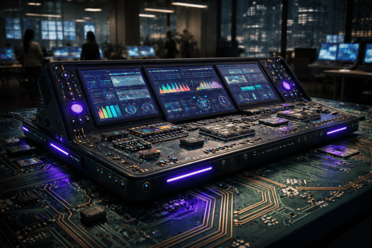A photorealistic medium-wide cinematic shot, camera positioned approximately 1–2 meters from the subject, capturing a large, ultra-detailed motherboard-like operations console resting on a giant green printed circuit board table, with crisp visible copper traces and softly glowing electronic components, multiple embedded screens showing colorful but non-legible analytics dashboards representing unified omni-commerce channels, clearly readable within a realistic environment. The object integrates subtle electric-purple (#7B63FF) accents along select circuit traces and indicator lights, suggesting intelligence and real-time orchestration without overpowering realism. Set in a modern tech-noir omni-commerce control room inside a corporate office at night, with glass walls hinting at a distant city skyline, secondary workstations and wall-mounted dashboards receding into the background, and a few diverse professionals in business-casual attire moving and collaborating in soft focus at the periphery. Lighting is low-key and practical, coming from the console screens, desk lamps, and faint city glow, complemented by a soft integrated white spotlight from above, gently revealing the form, texture, and depth of the PCB table and components. Cinematic realism, 35mm lens look, natural shallow-to-medium depth of field, neutral corporate tones with restrained teal and electric-purple neon reflections, premium materials, ultra-detailed, 8K. No text, no UI labels, no captions, no watermarks.