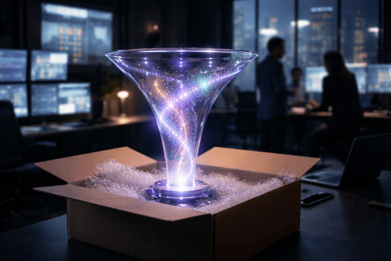 A photorealistic medium-wide cinematic shot, camera positioned approximately 1–2 meters from the subject, capturing a translucent glass funnel-shaped data sculpture placed on top of an open cardboard shipping box filled with bubble wrap on a sleek dark office desk, the funnel internally illuminated as tiny multicolored light particles flow downward in a gentle spiral to symbolize connected omnichannel data streams, with subtle electric purple #7B63FF accents tracing the rim and base, clearly readable within a realistic environment. The object integrates subtle electric-purple accents indicating intelligence or activity without overpowering realism. Set in a modern tech-noir marketing control-room office at night, with floor-to-ceiling windows revealing a slightly rainy city skyline glowing with soft neon reflections, multiple large monitors and laptops on surrounding desks showing softly blurred analytics dashboards and customer journey maps, and a few diverse marketing professionals in the background collaborating around the screens in candid poses, slightly out of focus so the glass funnel sculpture remains the hero. Lighting is low-key and practical, driven by the cool glow of screens, faint city light through the windows, and a soft integrated white spotlight from above and slightly to the side, gently revealing the glass, cardboard texture, bubble wrap and desk surface while letting the background fall into moody shadows. Cinematic realism, natural depth of field, premium materials, ultra-detailed, 8K, no readable text on screens, no captions, no watermarks.