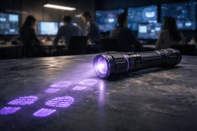 A photorealistic medium-wide cinematic shot, camera positioned approximately 1–2 meters from the subject, capturing an advanced matte-black tactical flashlight resting on a large gray ceramic worktable streaked with dried clay, its concentrated beam revealing a clear trail of semi-translucent electric-purple digital footprints across the dirty surface, the footprints crisp and readable as if they were projected data traces. The object integrates subtle electric-purple accents along the flashlight’s bezel and within the glowing digital footprints, indicating intelligence and omnichannel data activity without overpowering realism. Set in a dimly lit late-night omnichannel analytics war room in a modern open-plan office, with a diverse group of marketing and data professionals softly out of focus in the background, collaborating around multiple monitors and wall-mounted screens that cast cool bluish light and display abstract dashboards and charts with no readable text. Lighting is low-key and practical, coming from the computer screens, a distant ceiling strip light, and a soft integrated white spotlight from above and slightly to the side that gently reveals the texture of the ceramic table, the clay smudges, and the metal details of the flashlight, creating subtle reflections on the electric-purple data footprints and adding depth and contrast. Cinematic realism, natural shallow-to-medium depth of field, 35mm lens look, neutral corporate tones with restrained electric-purple neon accents, premium materials, ultra-detailed, 8K, no text overlays, no watermarks.
