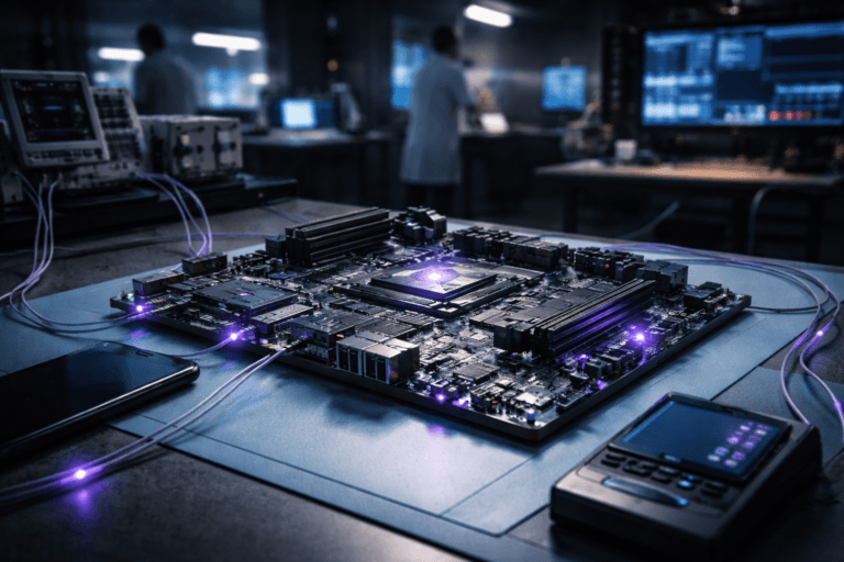 A photorealistic medium-wide cinematic shot, camera positioned approximately 1–2 meters from the subject, capturing a complex real-world server-grade motherboard laid flat on a light-blue anti-static hardware lab mat as the hero object, its copper traces and microchips clearly readable, with a few components softly glowing and tiny electric-purple light pulses running along the circuitry to suggest an intelligent unified omnichannel data hub within a realistic environment. The object integrates subtle electric-purple accents indicating intelligence or activity without overpowering realism. Set in a dim, modern technology R&D hardware lab at night, on an orderly workbench surrounded by instruments like oscilloscopes, logic analyzers, and softly glowing monitors that hint at a larger connected architecture; blurred engineers in lab coats or smart-casual tech attire move naturally in the background and periphery, adding believable human presence without stealing focus. Around the motherboard, slightly out of focus near the frame edges, sit a smartphone, a sleek retail POS terminal, and a tablet connected by thin cables or fiber-optic leads, plausibly wired into the board to represent different customer channels converging into the central hub. Lighting is low-key and practical, coming from overhead lab fixtures, monitor glow, and indicator LEDs, complemented by a soft integrated white spotlight from above and slightly to the side, gently revealing the form, texture, and depth of the motherboard, cabling, and anti-static surface, with reflections catching subtle electric-purple #7B63FF highlights on metal and plastic components. Cinematic realism, neutral corporate color palette with restrained neon purple and teal tech-noir accents, natural shallow-to-medium depth of field, 35mm lens look, premium materials, ultra-detailed, no text, no captions, no logos, no watermarks, 8K.