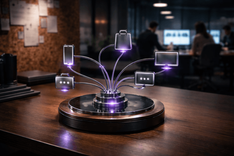 A photorealistic medium-wide cinematic shot, camera positioned approximately 1–2 meters from the subject, capturing a sophisticated real-world desk sculpture representing Omnichannel Experience: a polished metal and smoked-glass circular hub on a dark wooden base, from which several sleek arms extend to small, clearly recognizable physical icons of a smartphone, a shopping bag, a desktop monitor, a chat bubble, and a storefront façade, all connected by fine inlaid lines that subtly glow with electric-purple #7B63FF accents indicating live data flow and intelligence, clearly readable within a realistic environment. The object integrates subtle electric-purple accents indicating intelligence or activity without overpowering realism. Set in a contemporary tech-noir marketing control room at night, with the sculpture placed on a tidy workstation in front of a large natural cork wall used as an idea board, its warm textured surface visible behind the object, while softly blurred in the background a diverse team of professionals collaborates around screens showing abstracted dashboards and store layouts, adding believable human presence without drawing focus. Lighting is low-key and practical, coming from computer monitors, a desk lamp, and a few overhead office fixtures, complemented by a soft integrated white spotlight from above and slightly to the side of the sculpture, gently revealing form, texture, and depth on the metal, glass, and cork surfaces. Cinematic realism, natural shallow-to-medium depth of field, neutral corporate color palette with restrained electric-purple neon reflections, premium materials, ultra-detailed, 8K, no captions, no text overlays, no watermarks.