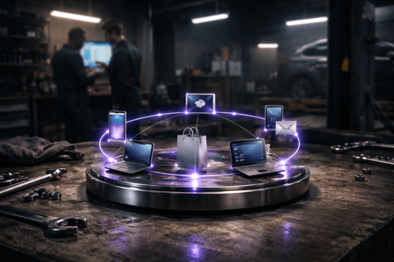 A photorealistic medium-wide cinematic shot, camera positioned approximately 1–2 meters from the subject, capturing a real physical tabletop sculpture representing Omnichannel Marketing: a sleek circular hub made of brushed metal and glass sitting solidly on the surface, with small, highly detailed miniature objects mounted around its rim (a smartphone, a laptop, a shopping bag, a POS terminal, a chat bubble, and an email envelope), all connected by thin illuminated lines and nodes that glow subtly in electric purple #7B63FF, clearly readable within a realistic environment. The object integrates subtle electric-purple accents indicating intelligence, data flow, and activity along the connecting lines and in soft reflections on the metal and glass, without overpowering the natural materials or overall realism. Set in a tech-noir-inspired real-world automotive workshop at night, on an oil-stained metal mechanic’s workbench scattered with realistic tools, bolts, and grease marks, with industrial shelves and a partially visible car lift in the softly blurred background; a couple of mechanics in work overalls, of diverse appearance, are in the periphery reviewing information on a tablet and a wall-mounted screen, their posture candid and focused, secondary to the sculpture. Lighting is low-key and practical, coming from overhead fluorescent strips, a nearby task lamp, and cool monitor glow, complemented by a soft integrated white spotlight from the side that gently reveals the form, texture, and depth of the omnichannel sculpture and the worn surface of the workbench. Neutral corporate tones of metal, concrete, and dark fabric dominate the palette, accented by restrained electric-purple highlights on the data lines and soft cyan reflections from screens, creating a subtle Tech-Noir mood. Cinematic realism, natural shallow-to-medium depth of field, 35mm–50mm photographic look, premium materials, ultra-detailed, 8K, no captions, no text overlays, no watermarks.