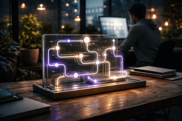 A photorealistic medium-wide cinematic shot, camera positioned approximately 1–2 meters from the subject, 35mm lens at f/2.8, capturing a refined real-world hero object: a stylized physical “customer onboarding journey” sculpture placed on the table, built as an isometric 3D subway-map–like structure made of layered translucent acrylic and brushed metal tracks, with small glowing station nodes and arrows suggesting stages of a client journey, about the size of a desktop art piece, clearly readable within a realistic environment. The object integrates subtle electric-purple (#7B63FF) accents along selected tracks and station nodes, with a gentle inner glow indicating intelligence, flow and activity without overpowering realism, balanced by neutral greys, soft whites and muted metallic tones. Set in an optimized real-world Tech-Noir environment: a rustic wooden workbench inside a glass-walled urban greenhouse at dusk, surrounded by lush green plants in pots, blurred city lights and faint neon reflections outside the glass, a laptop and scattered notebooks off to the side, with a casually dressed, diverse professional figure softly out of focus in the background reviewing dashboards on a screen, adding natural human presence in the periphery. Lighting is low-key and practical, coming from overhead greenhouse lamps, the laptop screen and a few small desk lamps, complemented by a soft integrated white spotlight from above and slightly to the side, gently revealing the sculpture’s form, texture and depth, catching subtle reflections on the acrylic surfaces and the grain of the wooden bench, with pockets of shadow for a tech-noir mood. Cinematic realism, natural depth of field with the hero object in crisp focus and background softly blurred, premium materials, ultra-detailed, 8K, no text, no captions, no watermarks.