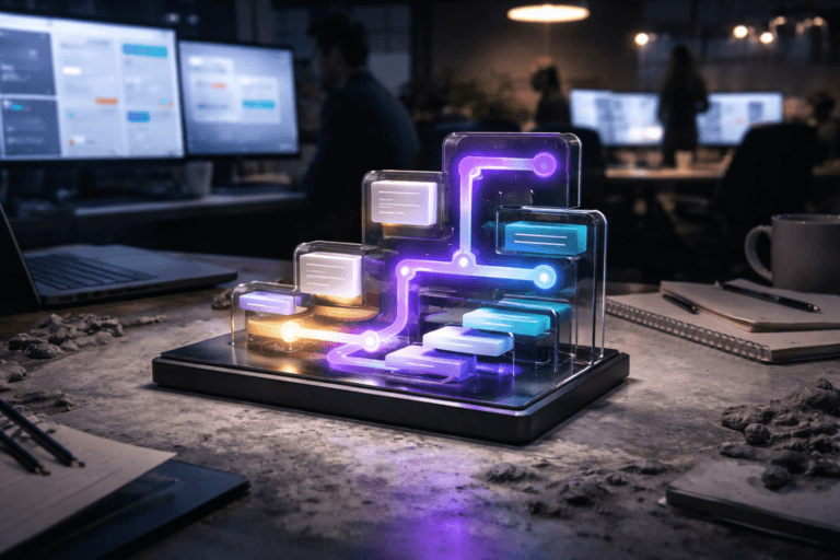 A photorealistic medium-wide cinematic shot, camera positioned approximately 1–2 meters from the subject, capturing a sleek physical desk sculpture that represents user onboarding: a colorful isometric 3D acrylic structure shaped like a metro-style flow map with layered steps, arrows, and small abstract UI-panel blocks, crafted in premium glossy materials and resting on a large ceramic worktable visibly smudged with dried gray clay, clearly readable within a realistic environment. The object integrates subtle electric-purple (#7B63FF) accents glowing softly along key nodes and paths, indicating intelligence and activity without overpowering realism. Set in a modern UX and product-design studio at night with a tech-noir mood, where the clay-stained ceramic table is surrounded by laptops and ultrawide monitors displaying abstract, text-free SaaS dashboards and onboarding flows, scattered sketchpads, pens, and coffee mugs; diverse UX designers and product managers move in the background, softly out of focus, adding natural human presence in the periphery. Lighting is low-key and practical, coming from monitor glow, a nearby desk lamp, and a soft integrated white spotlight from the upper side gently revealing the sculpture’s form, texture, and depth on the messy tabletop. Cinematic realism, 35mm lens look, natural shallow-to-medium depth of field, neutral corporate tones with restrained neon and electric-purple accents, premium materials, ultra-detailed, 8K, no text, no captions, no watermarks.
