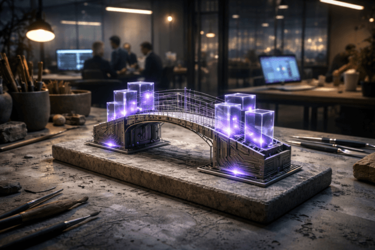 A photorealistic medium-wide cinematic shot, camera positioned approximately 1–2 meters from the subject, capturing a stylized yet realistic physical desk sculpture representing Open Banking: a compact 3D data-bridge structure made of brushed metal and translucent glass blocks connected by fine circuit-like lines, resting on a gray clay-stained ceramic worktable, clearly readable within a realistic environment. The object integrates subtle electric-purple accents indicating intelligence or activity without overpowering realism. Set in a dim fintech design studio that blends a ceramics workshop and modern banking innovation lab, with the ceramic table stained with gray clay, scattered sculpting tools, laptops and tablets showing softly blurred abstract financial dashboards, distant glass partitions reflecting a nocturnal city skyline with muted neon glows, and a small, diverse product team blurred in the background in candid discussion at other workstations. Lighting is low-key and practical, coming from desk lamps, monitor glow and a soft integrated white spotlight from above, gently revealing form, texture, and depth on the Open Banking sculpture and the rough ceramic surface. Cinematic realism, natural depth of field, neutral corporate palette with restrained electric-purple accents, premium materials, ultra-detailed, 8K, no text, no captions, no watermarks.