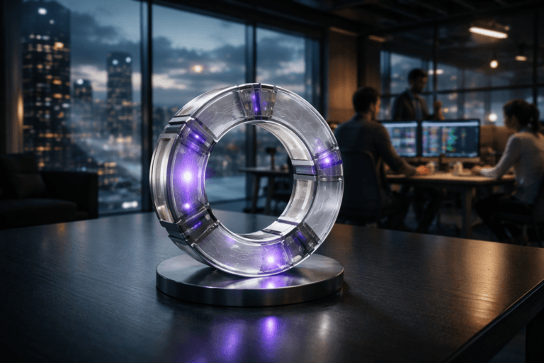 A photorealistic medium-wide cinematic shot, camera positioned approximately 1–2 meters from the subject, capturing a stylized physical sculpture representing open source: a premium acrylic and metal 3D ring composed of interlocking translucent modules in neutral tones with subtle circuit-like detailing, resting on a sleek dark conference table in a modern tech office, clearly readable within a realistic environment. The object integrates subtle electric-purple accents (#7B63FF) indicating intelligence or activity without overpowering realism. Set in a high-floor glass-walled software development office at dusk, overlooking a futuristic city skyline and layered cumulus clouds below, with natural human presence in the background or periphery: diverse developers in casual-smart attire collaborating around glowing workstations and CI/CD dashboards, softly out of focus, Tech-Noir ambience with restrained neon reflections on glass and metal surfaces. Lighting is low-key and practical, coming from monitor glow, desk lamps and city lights, complemented by a soft integrated white spotlight from above, gently revealing form, texture, and depth. Cinematic realism, natural depth of field, premium materials, ultra-detailed, 8K, 35mm lens, high dynamic range, no captions, no text overlays, no watermarks.