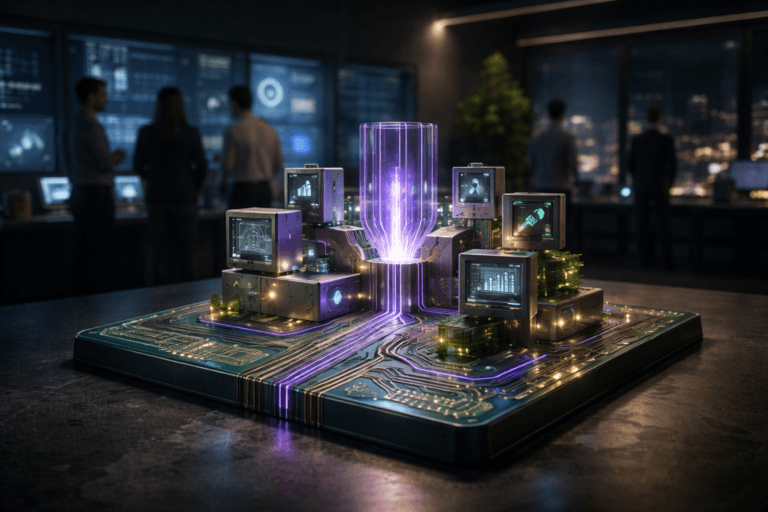 A photorealistic medium-wide cinematic shot, camera positioned approximately 1–2 meters from the subject on a 35mm lens, capturing a sleek real-world hero object representing Development Operations: a premium tabletop control sculpture built on a large PCB-inspired pedestal, like an oversized green circuit board with realistic copper traces, supporting an array of interconnected brushed-metal and glass modules, small embedded screens, and indicator lights symbolizing product, engineering, data, HR and ESG streams converging into a central illuminated core, all clearly readable within a realistic environment. The object integrates subtle electric-purple (#7B63FF) accents running along selected circuit traces and around the central core, suggesting intelligent data flow and orchestration without overpowering the neutral corporate palette of graphite, charcoal, soft white and muted green. Set in a dimly lit, real-world Tech-Noir corporate AI operations control room at night, with a panoramic glass wall in the background showing softly blurred city lights, large wall-mounted dashboards and holographic-style data visualizations glowing gently behind the hero object, and a small group of diverse professionals in modern business-casual attire standing and conversing in the periphery, partially out of focus, observing the dashboards and the central console. Lighting is low-key and practical, coming from desk lamps, wall screens and ceiling fixtures, complemented by a soft integrated white spotlight from above that grazes the sculpture and PCB pedestal from the side, gently revealing form, texture and depth across metal, glass and circuit surfaces, with natural shallow-to-medium depth of field separating the hero object from the background. Cinematic realism, subtle Tech-Noir mood, neutral corporate tones with restrained neon accents, premium materials, ultra-detailed, 8K, no captions, no readable text overlays, no watermarks.
