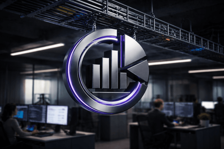 A photorealistic medium-wide cinematic shot, camera positioned approximately 1–2 meters from the subject, capturing a sleek physical hero object that represents financial operations: a polished metallic 3D sculpture suspended from an overhead cable tray, formed by interlocking chrome and matte-black circular layers with clean, embossed graph-like bars and pie-chart segments, subtle LED edges in electric purple #7B63FF suggesting real-time financial intelligence, clearly readable and distinct from the environment. The object is seamlessly integrated into a neatly organized ceiling cable-management tray filled with color-coded cables, some subtly glowing in soft neon tones, above a modern open-plan finance office where a small, diverse team of professionals works at dual-monitor workstations with abstract analytics dashboards visible but not legible in the background. The space has a Tech-Noir mood with exposed concrete, dark acoustic ceiling panels, and glass partitions catching faint reflections from screens; lighting is low-key and practical, coming from ceiling strips, monitor glow and a soft integrated white spotlight from the side that gently reveals the sculpture’s form, brushed-metal texture, and depth while keeping the background slightly out of focus. Cinematic realism, 35mm lens look, natural shallow-to-medium depth of field, premium materials, ultra-detailed, 8K, neutral corporate palette with restrained electric-purple accents, no captions, no text overlays, no watermarks.